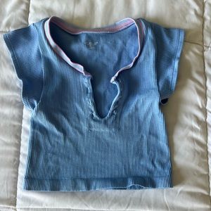 Urban Outfitters Light Blue Ribbed V‑Neck Crop Top with Pink Trim